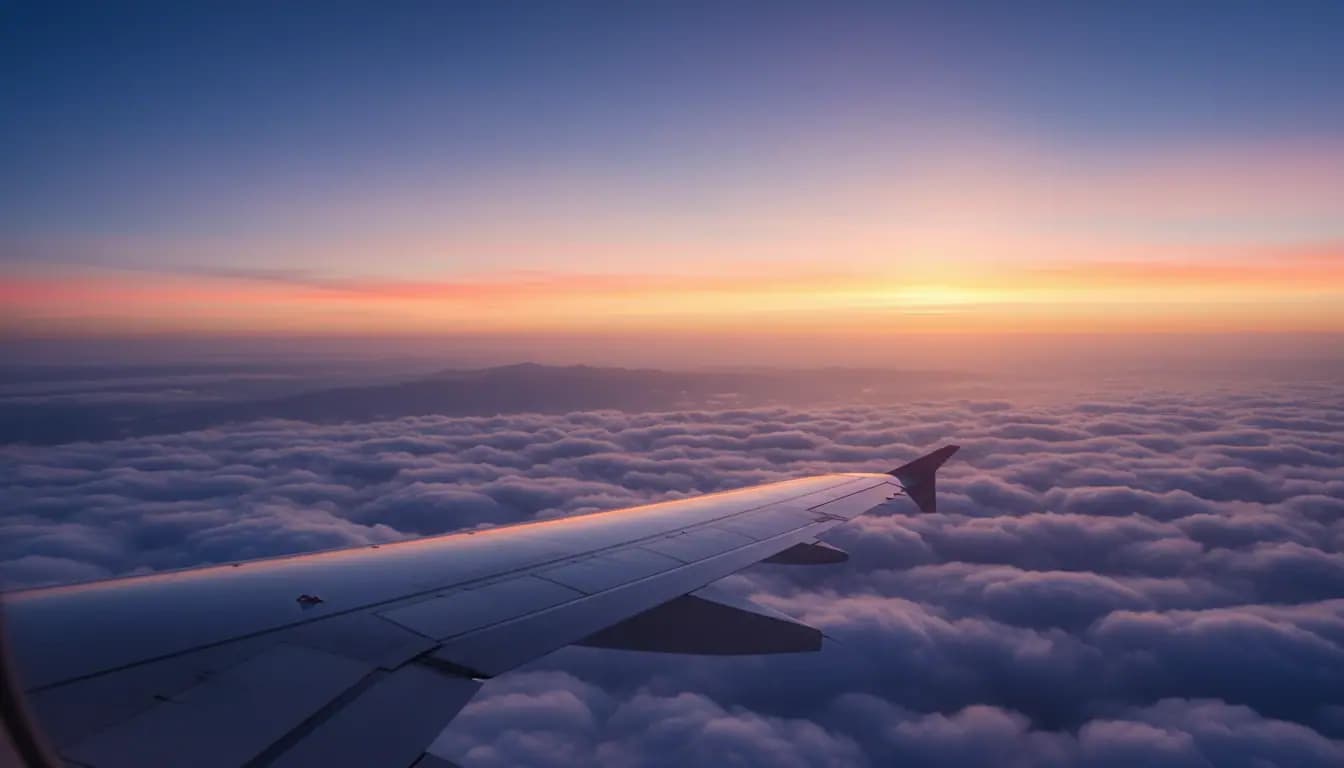 Avião decolando ao entardecer